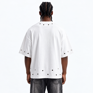 Customizable Metal Grommet Detail Crew Neck Drop Shoulder <b>Men's</b> <b>shirts</b> Personal Logo Printed OEM Eyelet T-<b>shirt</b> Hip Hop Fashion - Product Image 4