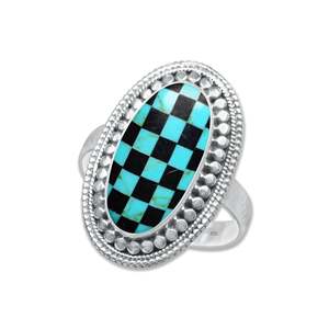 Handmade Checkerboard Turquoise Sterling <b>Silver</b> Bezel Setting Checkered <b>Adjustable</b> Statement <b>Ring</b> for Women Wedding Party - Product Image 2
