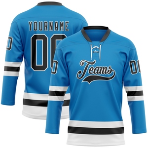 Maillot de hockey personnalisé OMMIZ INDUSTRY bleu, noir et blanc, avec lacets au col, vente en gros, best-seller - Product Image 1