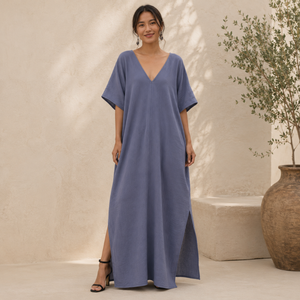Vestido Kaftan de Gasa de Algodón |   Vestido Maxi Holgado con Cuello en V para Mujer, Manga Corta, Informal, Verano, Playa, Ligero, para Vacaciones - Product Image 4