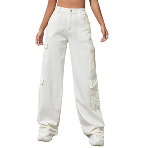 Pantalones Cargo de Mezclilla Blancos para Mujer, Pierna Ancha, Cintura Alta, Bolsillos Utilitarios, Corte Recto Informal, Jeans de Algodón de Secado Rápido y Transpirables, a la Moda - Product Image 1
