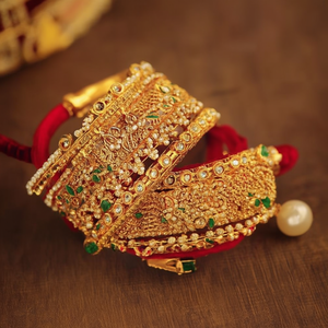 Gold Plated Pearl and Kundan Meenakari Velvet Chuda Bridal <b>Bangles</b> <b>Set</b> - Product Image 3