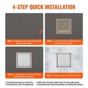 Niche de douche murale en acier inoxydable 304 de 13''x13'', double étagère, sans carrelage, étanche, étagères de salle de bain - Product Image 5