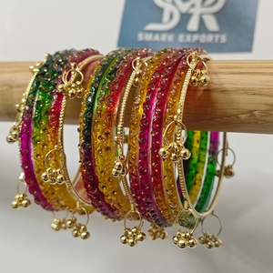 Luxury Multicolor Glass <b>Bangles</b> Set with Crystal Stone Work and Gold Ghungroo Handmade Bridal Jewelry for Womenc - Product Image 6