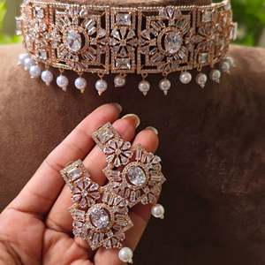 Rose Gold Plated Zircon Pearl Choker Necklace for Women Wedding Trendy Fashion - Product Image 4