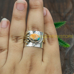 Orange Spiny Oyster Turquoise Handmade <b>Ring</b> 925 Sterling Silver And Brass <b>Statement</b> Vintage Artisan Gemstone Jewelry For Women - Product Image 4