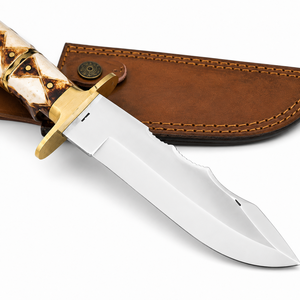 Couteau Bowie Rambo en acier Damas fait main de qualité supérieure, avec garde en laiton, manche en bois et cor, et fourreau en cuir, pour l'extérieur - Product Image 5