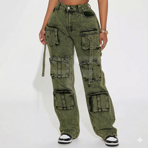 Pantalones Cargo Casuales de Pana para Mujer, Transpirables, con Cierre de Cordón, Lavado Claro, Otoño, Alta Calidad - Product Image 1