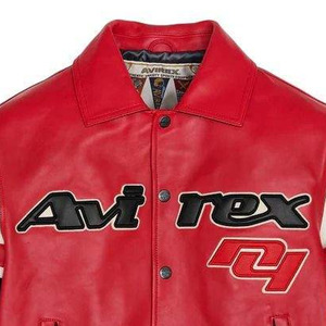 Avirex Men's Red PU <b>Leather</b> Varsity <b>Jacket</b> with Black and White Striped Sleeves Turn-down Collar Button Closure Casual Autumn - Product Image 5
