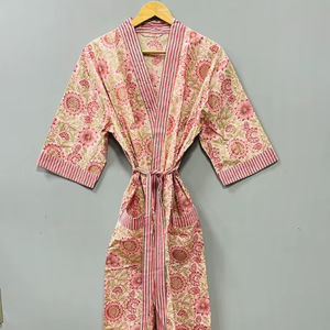 Kimono de Verano 100% Algodón, Cómodo y Relajante, para Dormir, Cuello en V, Largo, con Cierre de Cordón, Estampado Floral, Ropa Casual - Product Image 1