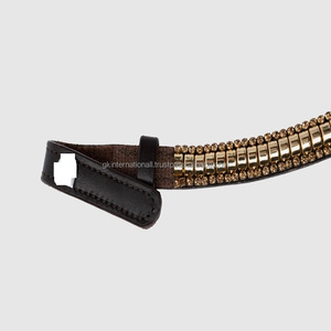Forme de vague Golden Clincher & Crystals bande décorative de front de cheval en cuir noir de qualité supérieure dans toutes les tailles et couleurs de forme personnalisées - Product Image 2