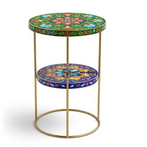 Table d'appoint ronde artisanale avec incrustations en os et structure métallique – Table d'appoint décorative à deux niveaux multicolore pour salon et chambre - Product Image 2