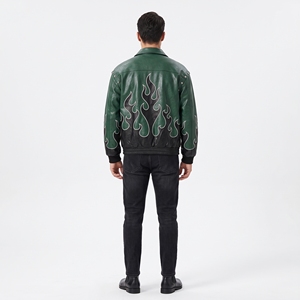 Blouson Bomber Homme Blanc en Cuir Véritable Dumela avec Imprimé Flamme Bleue, Col Rabattu, Fermeture à Bouton Unique, Style Moto Automne, Séchage Rapide - Product Image 3
