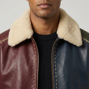 Men's Patchwork Leather <b>Bomber</b> <b>Jacket</b> With Faux Fur Collar And Badge Back Winter Windproof <b>Vintage</b> Style - Product Image 5