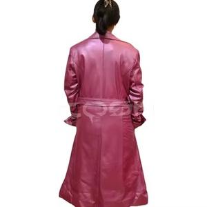 Manteau trench long rose en cuir véritable pour femme, style OEM, avec ceinture à boucle |   Manteau long sur mesure - Product Image 5