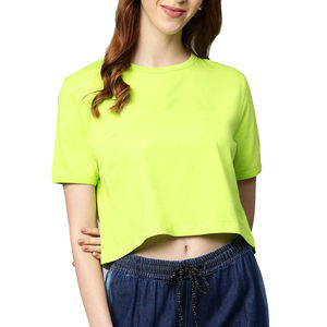 <b>Women's</b> <b>Neon</b> Green Canvas Crop Top Short Sleeve Crew Neck Asymmetric Regular Fit Casual Eco-Friendly Breathable 100% Cotton - Product Image 5