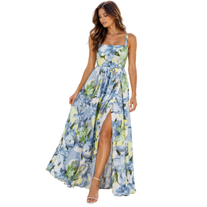 Floral Print Chiffon Maxi <b>Dress</b> Spaghetti Strap Empire Waist A-Line <b>Boho</b> <b>Summer</b> Holiday Celebration Loose Fit High Slit Style - Product Image 1