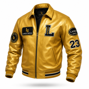 Custom Gold Leather Varsity Jacket for Men Luxury Letterman Bomber Jacket with Embroidered Chenille Patches OEM ODM Wholesale - Product Image 2
