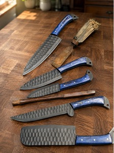 Ensemble de 5 couteaux en acier Damas, manche bleu, lame martelée, couteaux de cuisine à bord droit - Product Image 3