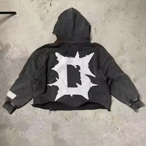 Trendy Drop Shoulder Distressed <b>Crop</b> <b>Hoodie</b> For Men's <b>Zip</b> <b>Up</b> French Terry Hooded Sweatshirt With Custom Vintage Taupe Design OEM - Product Image 2