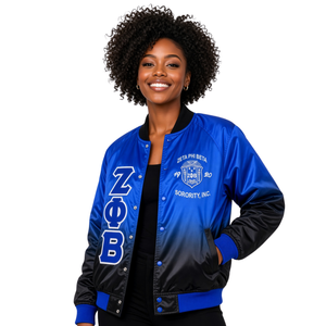 Zeta Phi Beta Black Faded <b>Bomber</b> <b>Jacket</b> <b>Women</b> Royal Blue Ombre Satin Chenille Greek Letters Embroidered Crest No Back Logo - Product Image 1