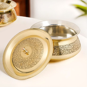 Handcrafted golden brass hammered food <b>container</b> with lid, Traditional design, available at wholesale prices. - Product Image 2