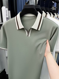Men's Navy Blue Short Sleeve for Shirt Knitted Cotton Casual Solid Color Breathable V-Neck Design Digital Printed Front Logo - Product Image 2