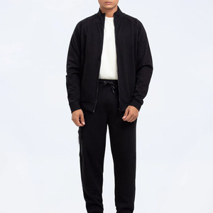 Men's Black Stand Collar <b>Knitted</b> Sweatshirt <b>Set</b> Solid Color Casual Autumn Wear Tracksuit - Product Image 5