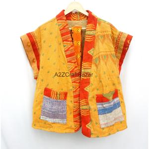 Chaqueta de Algodón Orgánico para Mujer, Estilo Kimono Largo Acolchado Kantha Vintage, Otoño/Invierno, con Cinturón, Manga Corta, Reversible, Multicolor - Product Image 4