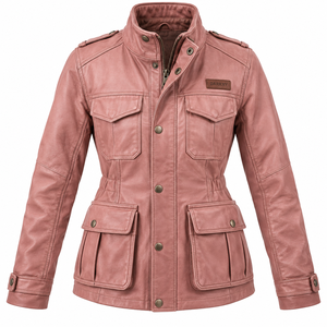 Chaqueta de cuero genuino para mujer, color rosa polvo, estilo utilitario, con cintura con cordón, cuatro bolsillos tipo cargo con solapa, cuello alto, estilo safari. - Product Image 1