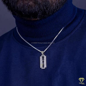 Designer Razor Blade Pendant <b>Necklace</b> With Moissanite Diamonds <b>Solid</b> <b>Silver</b> Iced Out Streetwear Jewelry Style - Product Image 2