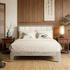 Struttura letto imbottita grigia facile da montare con testiera, stile piattaforma - Product Image 1