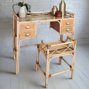 Antique style natural rattan dressing tables wholesale wicker <b>makeup</b> <b>vanity</b> table & chair set for girls - Product Image 3
