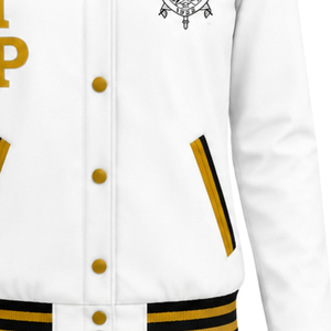 Custom <b>White</b> Varsity Jacket with Black and Gold Striped Ribbed Collar Cuffs Hem Greek Letter Embroidery Crest Logo Collegiate Le - Product Image 6