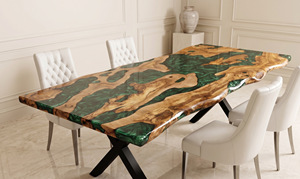 Table à manger rectangulaire moderne en résine avec bord naturel, design grain de bois vert et or, faite à la main, mobilier contemporain pour la maison, 6 places - Product Image 3