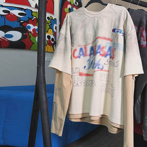 เสื้อยืดผู้ชายฤดูร้อนสไตล์วินเทจทำสีซีดแบบดิสเทรส ผ้าฝ้าย 100% เนื้อหนา พิมพ์ลายกราฟิกตามสั่ง เสื้อยืดแขนสั้นผู้ชายประดับเพชร - Product Image 1