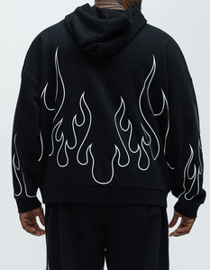 Sweat-shirt à capuche noir pour homme avec imprimé flamme blanche, coupe oversize, streetwear, coton, molleton français, pull-over, coupe classique, vêtements d'automne - Product Image 5
