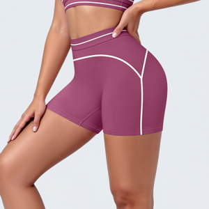 High Waist Yoga <b>Shorts</b> Solid Color Contrast Stitch Side Stripe Four-Way Stretch Seamless <b>Spandex</b>/Nylon Anti-static Elastic - Product Image 3