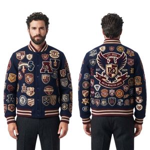 Vestes de baseball universitaires pour hommes en chenille personnalisée, patchwork, bleu marine, 100% laine, broderie, streetwear - Product Image 3