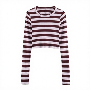 Camiseta de punto para mujer, estilo vintage, a rayas, manga larga, cuello en V, ajustada, sexy, informal, con encaje, de secado rápido, para primavera - Product Image 1