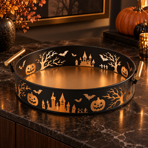 Plateau de service rond d'Halloween avec poignées |   Plateau en métal noir et or avec découpe en forme de citrouille, chauve-souris et château pour bonbons, snacks et fêtes - Product Image 3