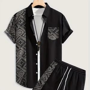 <b>mens</b> <b>black</b> grey tribal geometric print panel <b>short</b> sleeve lapel button up shirt matching <b>shorts</b> 2 piece set casual hawaiian - Product Image 1