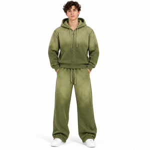 <b>Men</b>’s Olive <b>Green</b> Rhinestone Zip Up <b>Hoodie</b> Wide Leg Jogger Set Premium Streetwear Tracksuit - Product Image 1