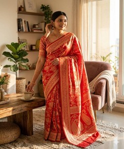 Sari rojo de seda Banarasi con trabajo de zari dorado, ropa étnica tradicional para mujer, corte regular, para ocasiones de boda 85276 SHUBH- SF-1104 - Product Image 1