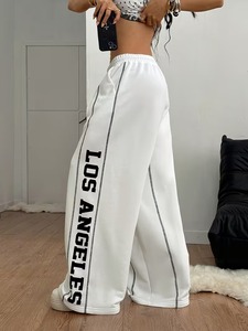 Pantalones Jogger de Mujer de Verano, Estilo Casual Urbano, con Ribetes en Contraste y Gráficos, Blancos, de Pierna Ancha, Cintura Media y Frente Plano - Product Image 5