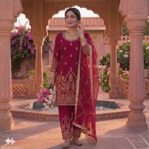 Conjunto de Salwar Kameez pakistaní de lujo con bordado de vino y dupatta de red, traje de diseñador étnico para fiestas y bodas para mujer - Product Image 1