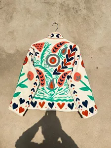 Hand Embroidered Cotton <b>Boho</b> Jacket for Women Floral Heart Pattern Ethnic Suzani Style Short Coat Casual Wear - Product Image 5