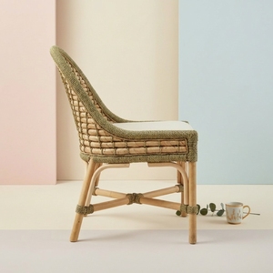 Chaise de salle à manger en osier à dossier incurvé style bohème avec coussin en tissu, fauteuil d'appoint en rotin fait main, mobilier de cuisine et de salle à manger haut de gamme - Product Image 3