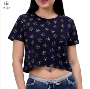 INDEX APPAREL Women's Navy Blue Crop <b>Top</b> Crew Neck Short Sleeve Cartoon Print Casual T-Shirt Spring Summer Wear - Product Image 1