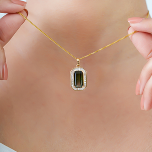 Elegant New Style 13x7mm Baguette Cut Green Tourmaline & Diamond Halo <b>Pendant</b> Customized <b>Solid</b> K14 Yellow <b>Gold</b> Jewelry Supplier - Product Image 2